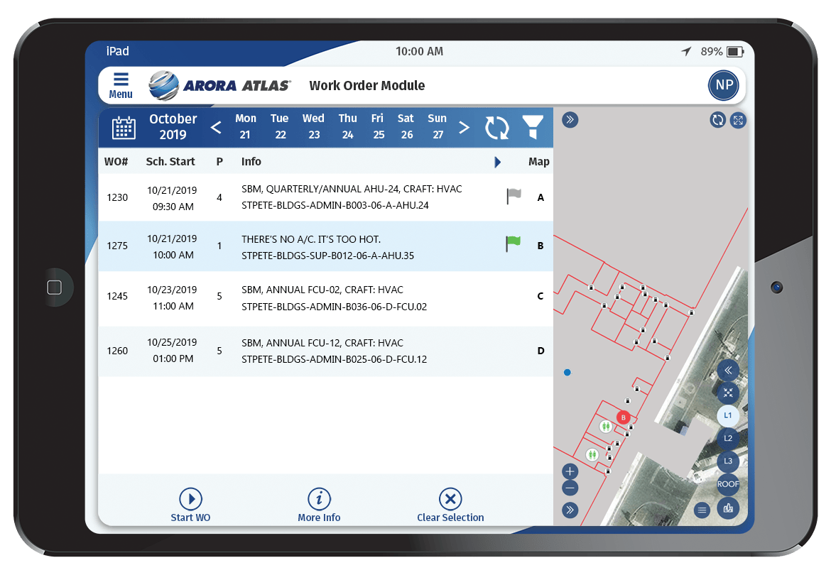 Arora ATLAS Work Order List Screen